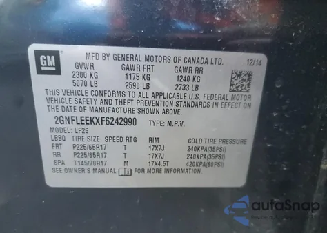 2015 Chevrolet Equinox Ls из США, поврежденный, VIN 2GNFLEEKXF6242990